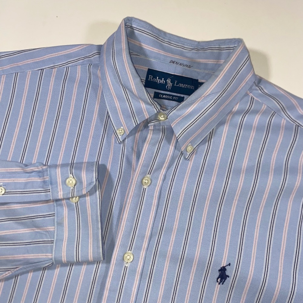 Ralph Lauren Mens Classic Fit Striped Button Down Shirt Blue Pink 16.5 34/35